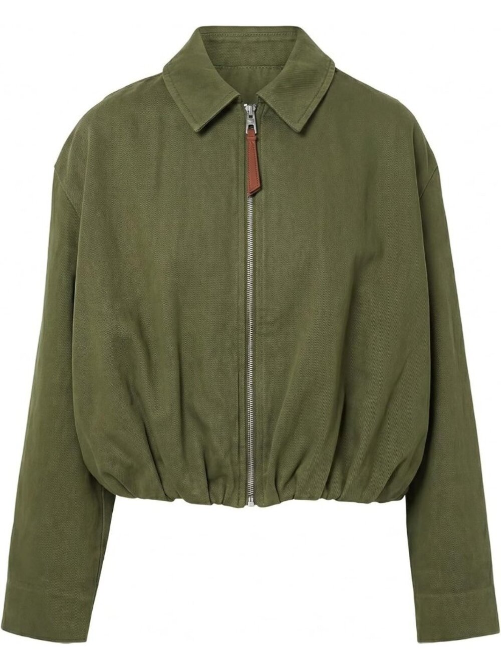 Womens Army Green Polyester Lapel Collared Long Sleeve Pocket Zip Up Jean Jacket